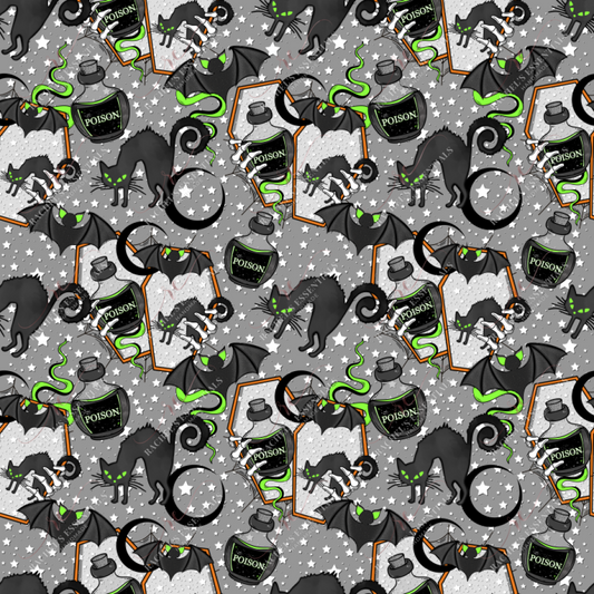 Seamless spooky design featuring black bats with glowing green ears, bright green snakes, black crescent moons, mirror shaped coffins with skeleton hands emerging from them holding black/green poison bottles and black cats with glowing green eyes.  The background is grey with light grey stars