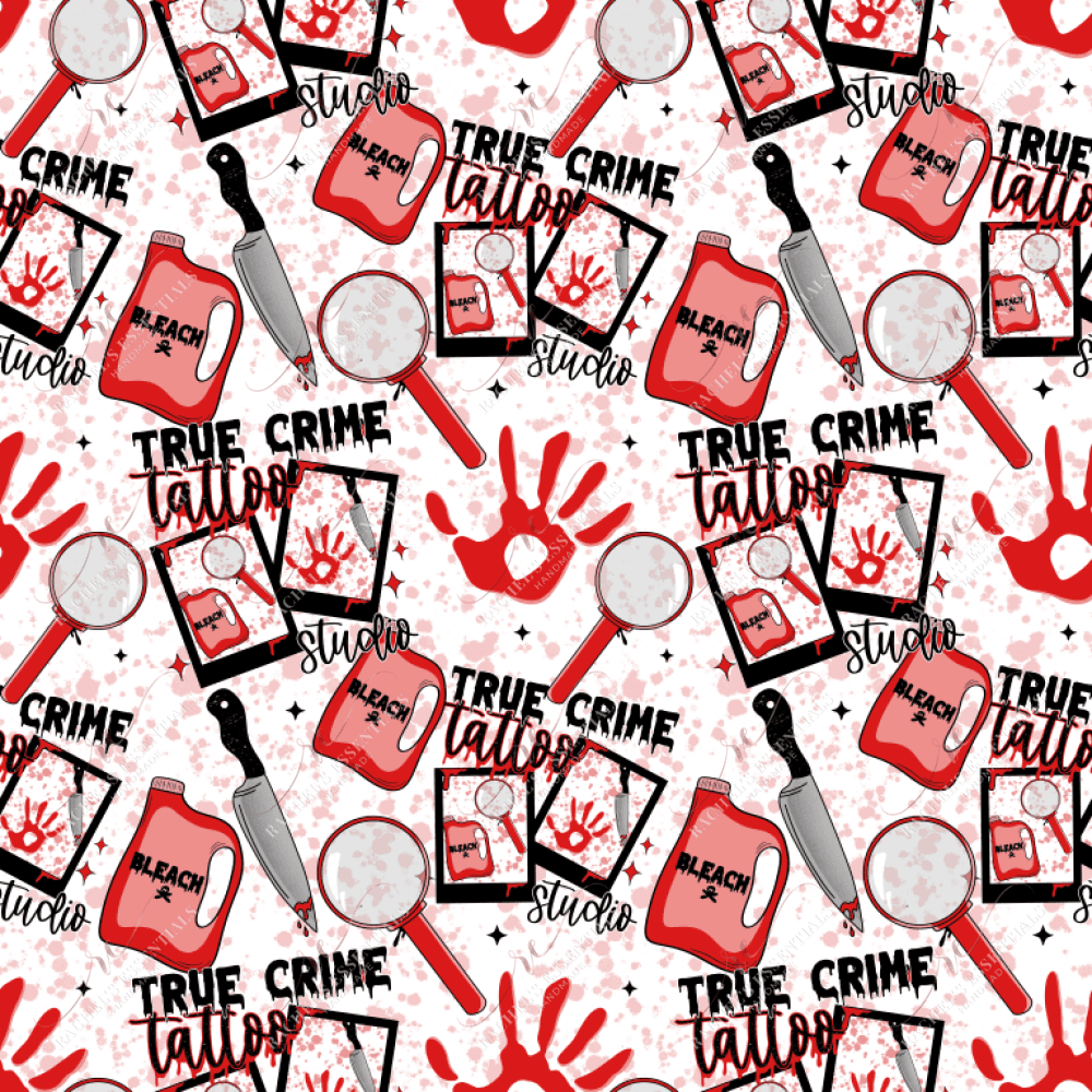 true crime tattoo studio seamless design. Design features magnifying glasses, knives, bleach bottles, bloody hand prints, and blood drips throughout the design.