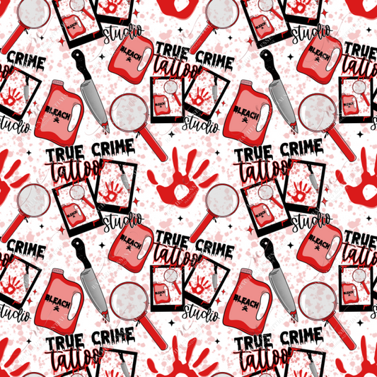 true crime tattoo studio seamless design. Design features magnifying glasses, knives, bleach bottles, bloody hand prints, and blood drips throughout the design.