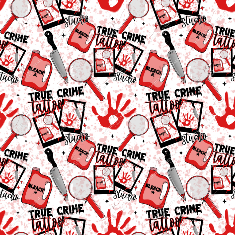 true crime tattoo studio seamless design. Design features magnifying glasses, knives, bleach bottles, bloody hand prints, and blood drips throughout the design. 