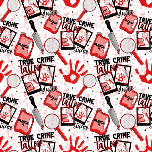 true crime tattoo studio seamless design. Design features magnifying glasses, knives, bleach bottles, bloody hand prints, and blood drips throughout the design. 