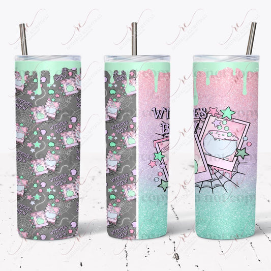 seamless tumbler design featuring 2 polaroid pictures. A green potion is in one picture and a bubbling cauldron is in the other. Stars and spiderwebs are scattered throughout the design with the words witches brew