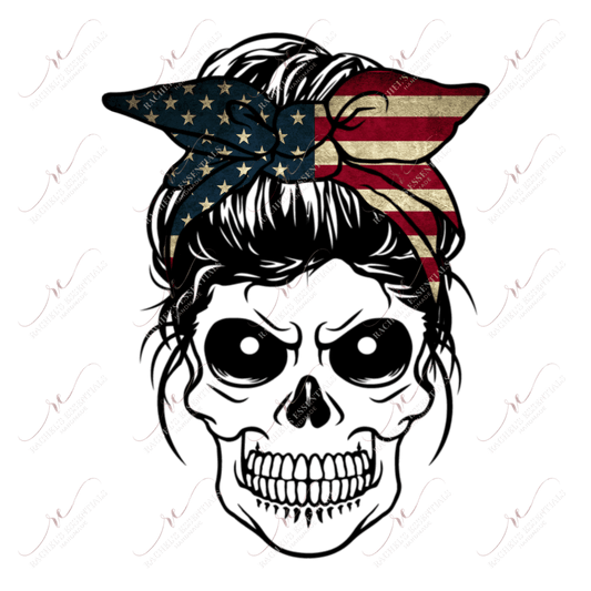 Messy Bun Flag Skull - Ready To Press Sublimation Transfer Print Sublimation