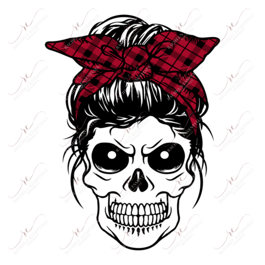 Messy Bun Skull Red Plaid - Ready To Press Sublimation Transfer Print Sublimation