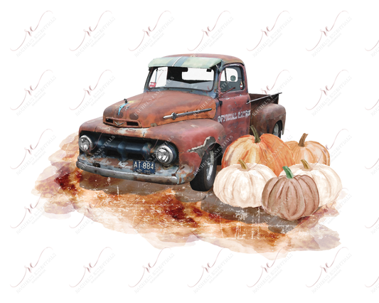 Old Red Truck And Pumpkins - Ready To Press Sublimation Transfer Print Sublimation