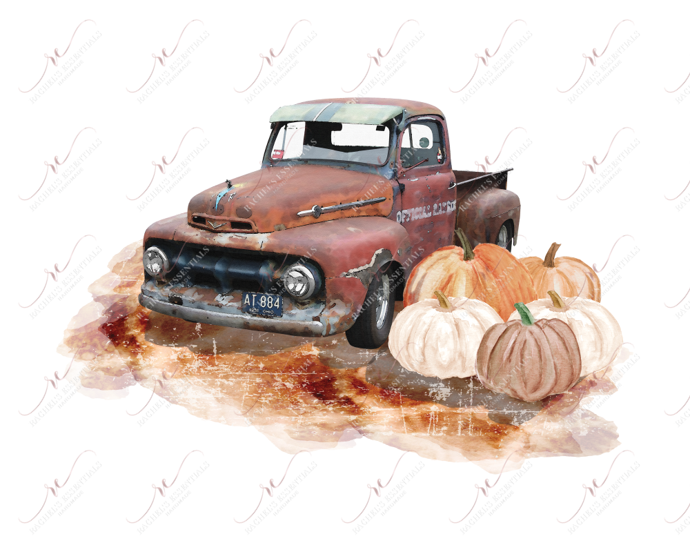 Old Red Truck And Pumpkins - Ready To Press Sublimation Transfer Print Sublimation