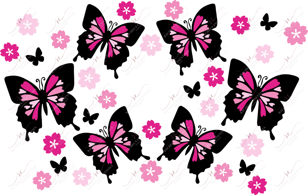 Pink And Black Butterflies Flowers - Cold Cup Wrap