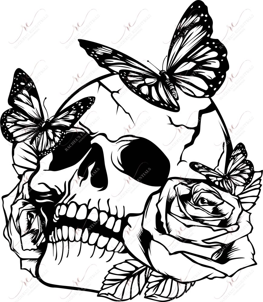 Skull With Butterflies And Flower - Ready To Press Sublimation Transfer Print Sublimation