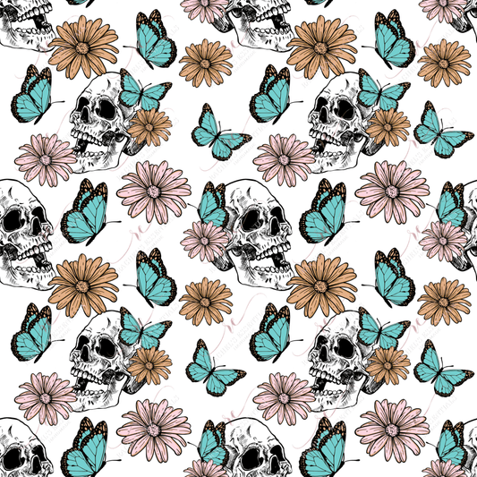 Teal Pink Butterflies Skulls - Ready To Press Sublimation Transfer Print Sublimation